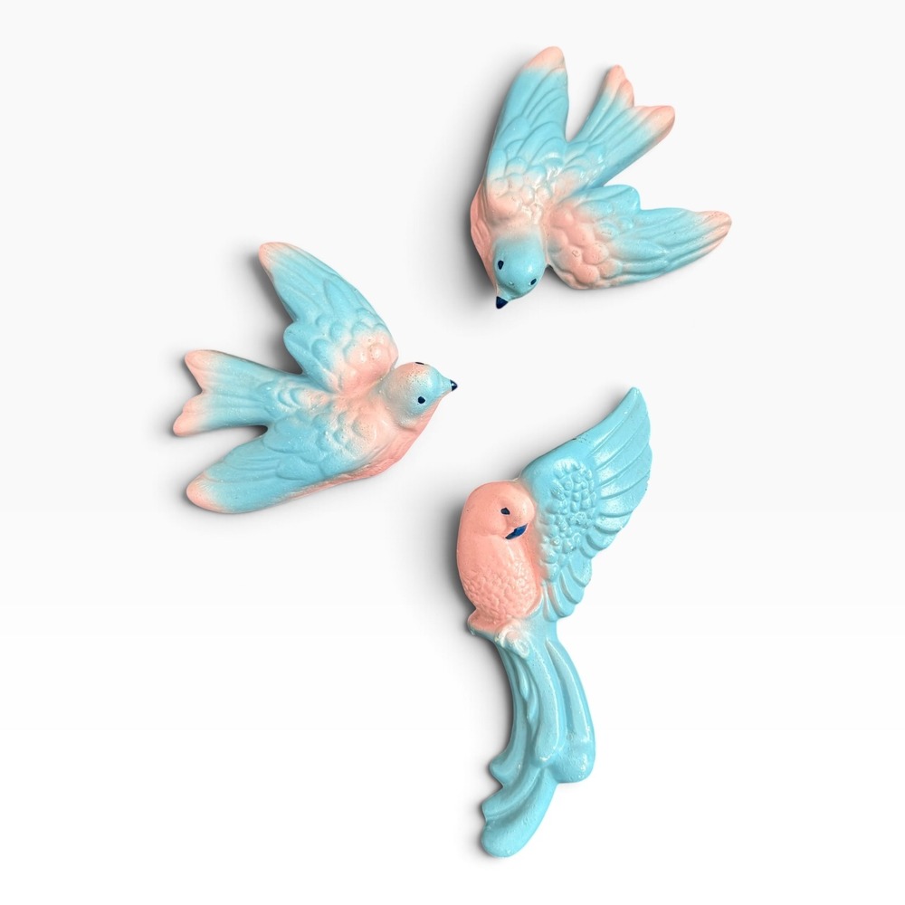 Vintage Style Pastel Pink Blue Flying Birds Wall Hanging Decor Set of 3